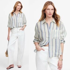 Madewell Linen Easy Y-Neck Button-Up Shirt in blue Stripe size Large